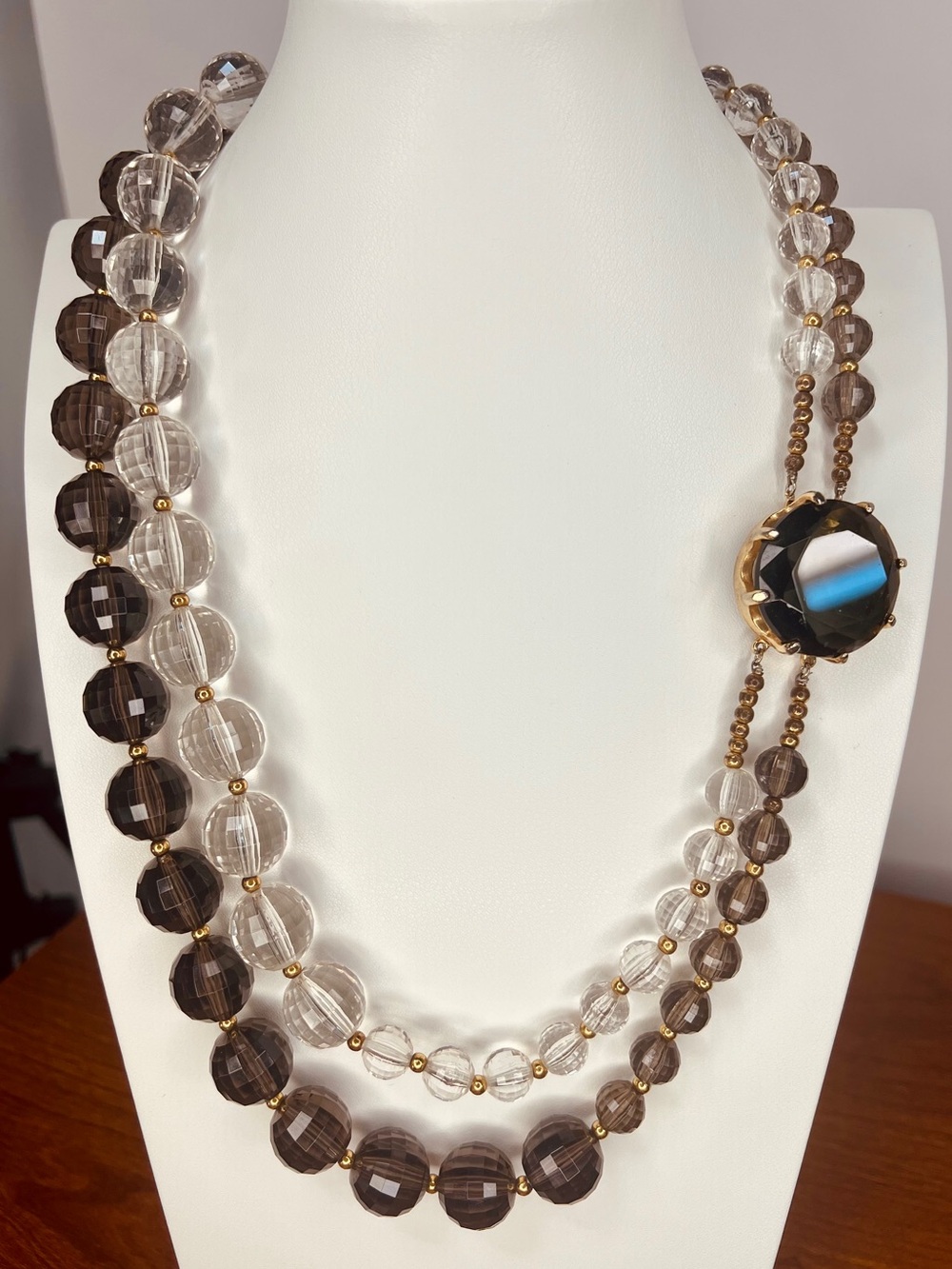 Vintage - Smoky Brown Glass and Clear Double-Strand Necklace with Gold Accents